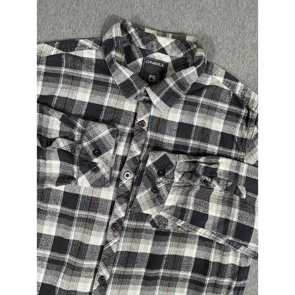 O'Neill Flannel Shirt Mens Black White Plaid Long Sleeve Button Up Cotton L